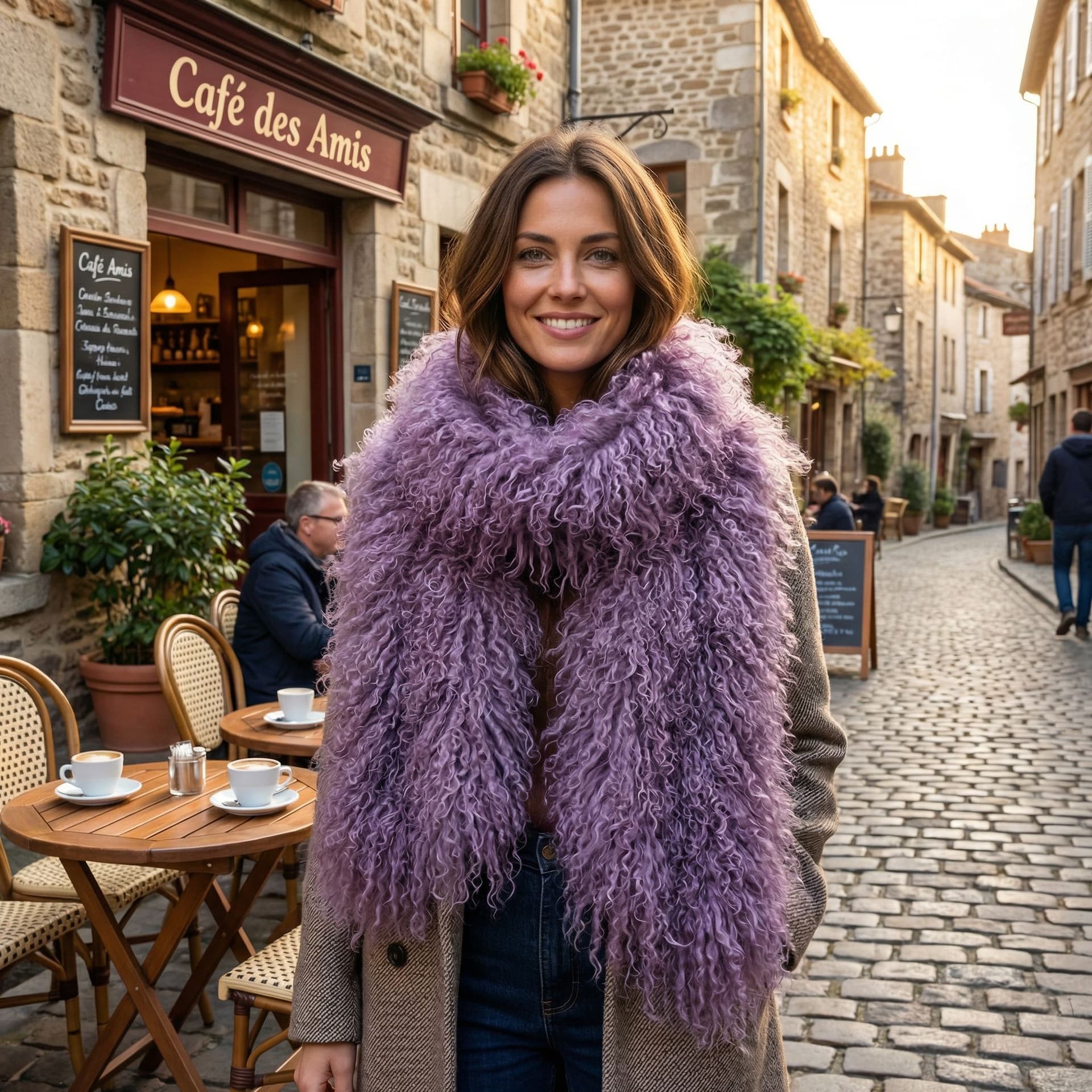 AI generated: put this scarf on a model whom standing outside of a coffee shop in a small french town. the scarf s...