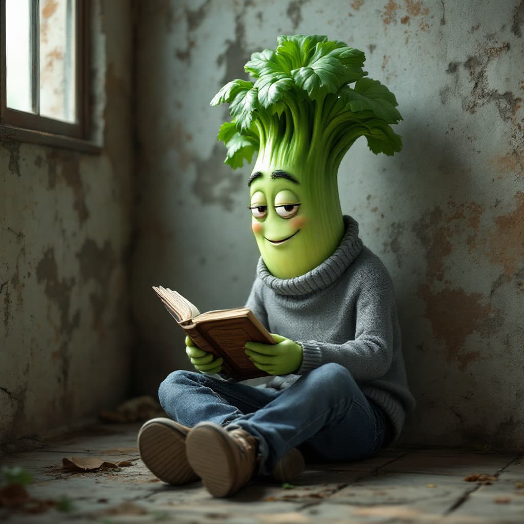 AI generated: An anthropomorphized celery, wearing a gray sweater and jeans, sitting on a rustic concrete floor, r...
