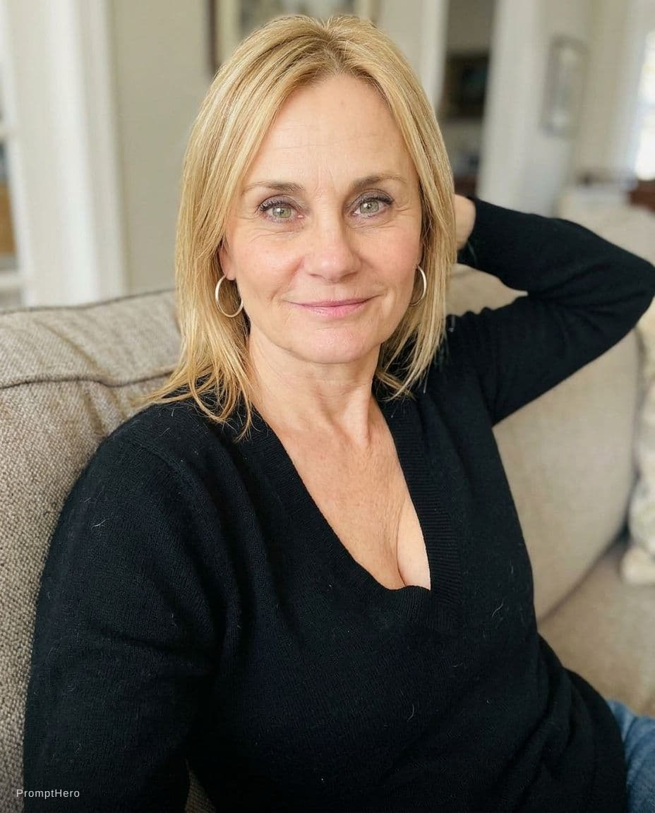 AI generated: Sitting on a couch, teasing cute, looking at camera, cleavage , front view