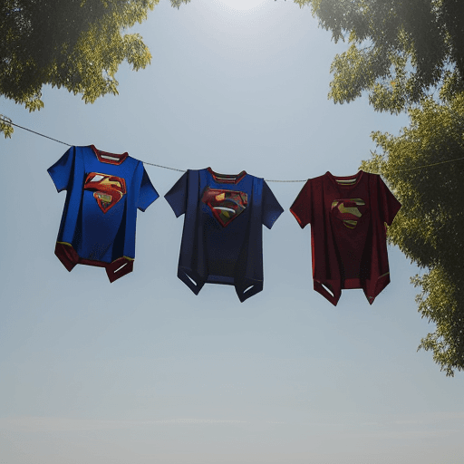AI generated: clothes of superman hanging on a drying rope in backyard in sun