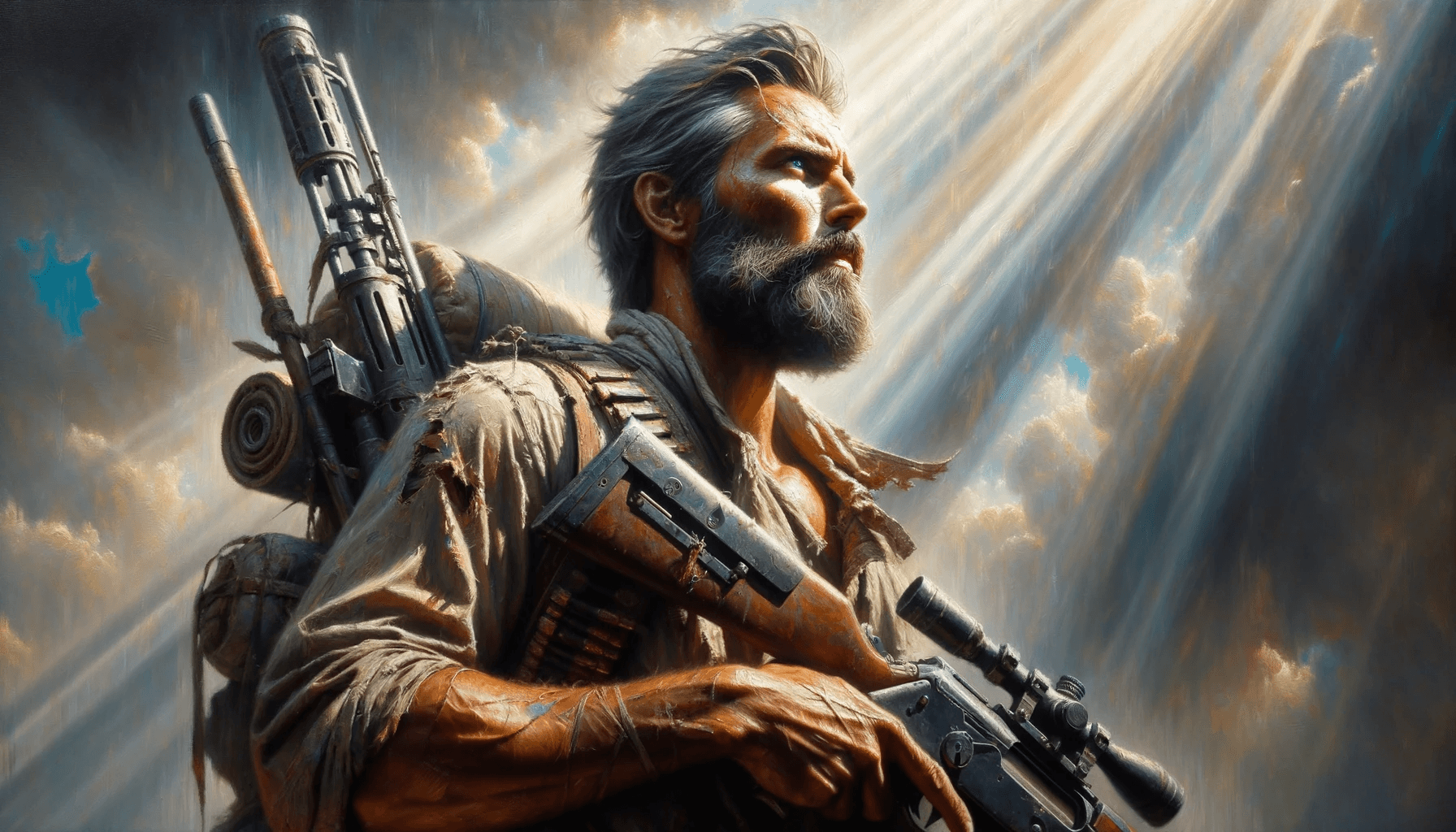 AI generated: Oil painting rendered in an impressionistic style, focusing on a male traveler in a post-apocalyptic...