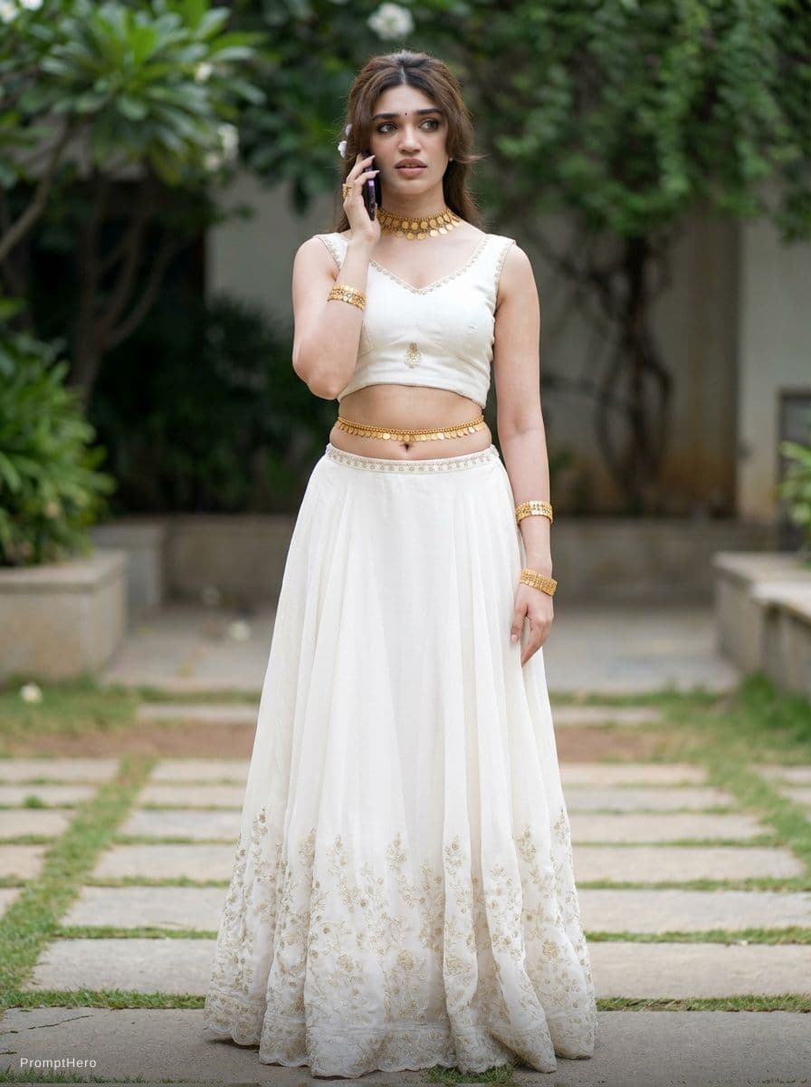 AI generated: open naval is visible low waist skirt. wearing bangles in hands and gold belly-chain tight on naval ...