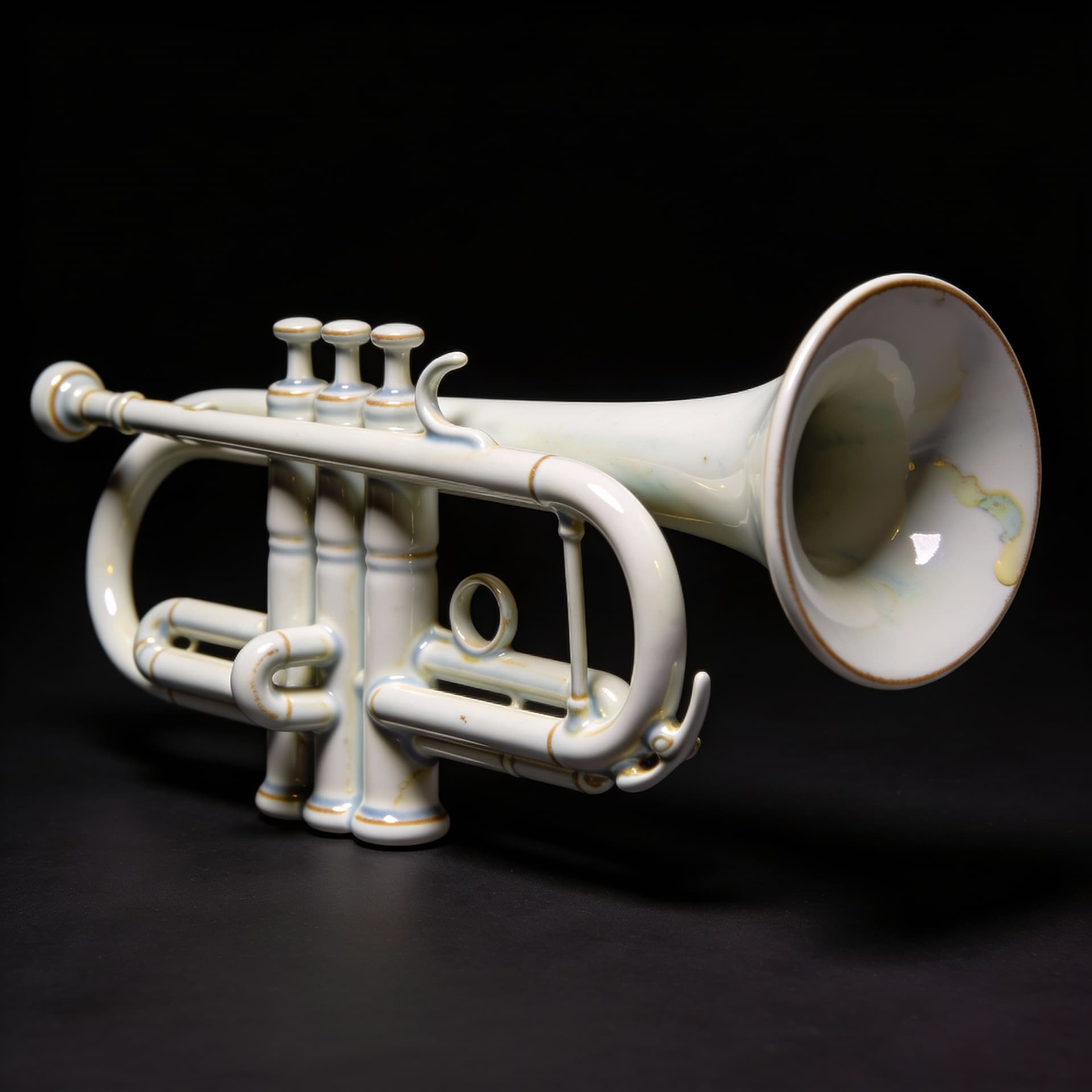 AI generated: A hyper-realistic editorial 3D render of a trumpet sculpted from fine porcelain china, photographed ...