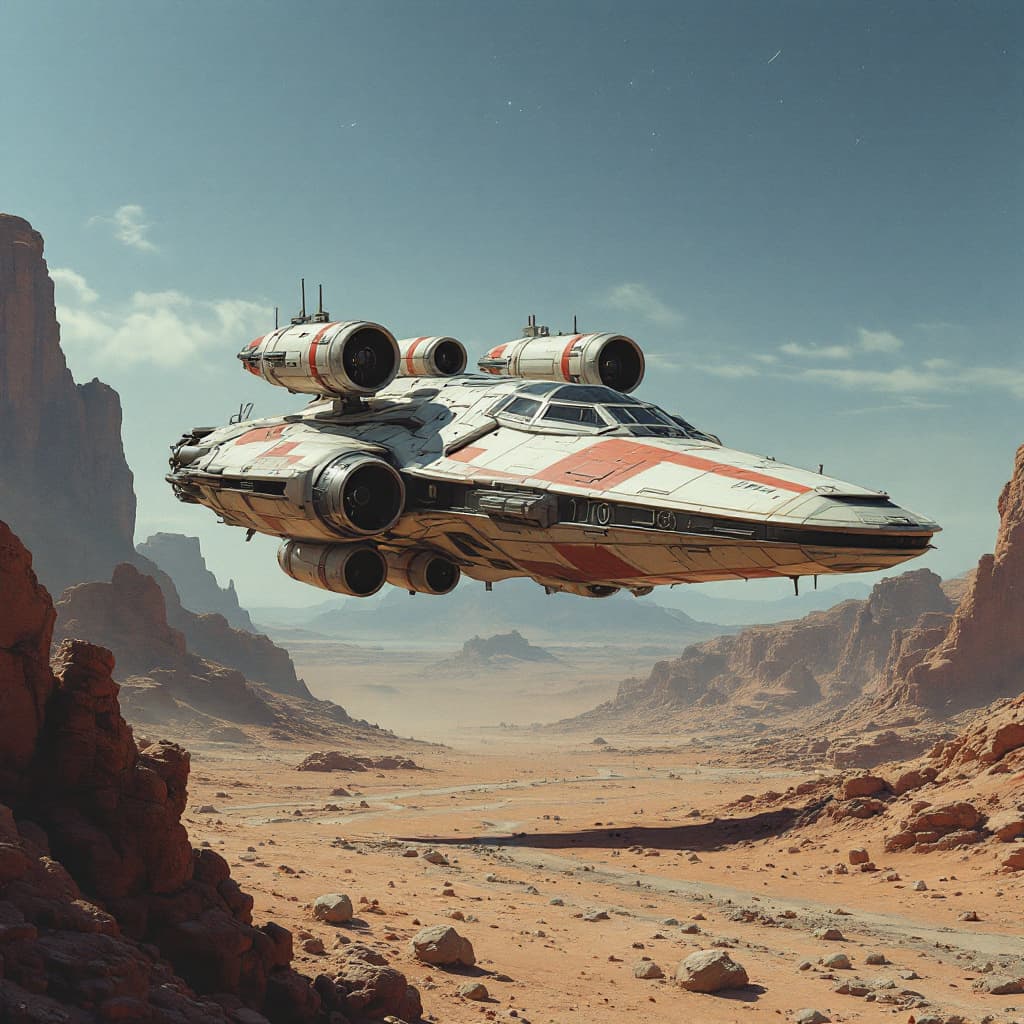 AI generated: show a spaceship in the style of star wars, worn and used taking off from mos eisley