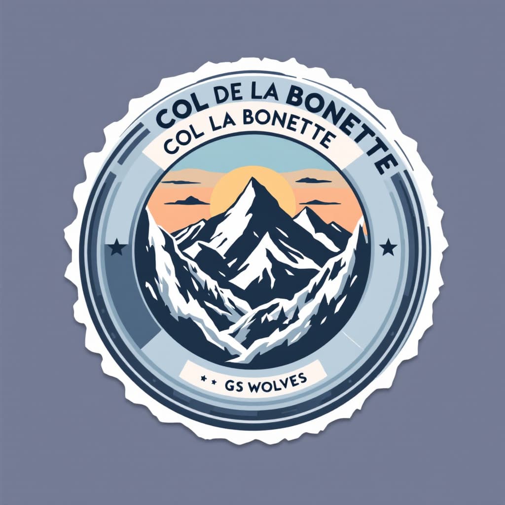 AI generated: a image of a sticker of a medal using as theme the "Col de la Bonette" without Hintergrund and with ...