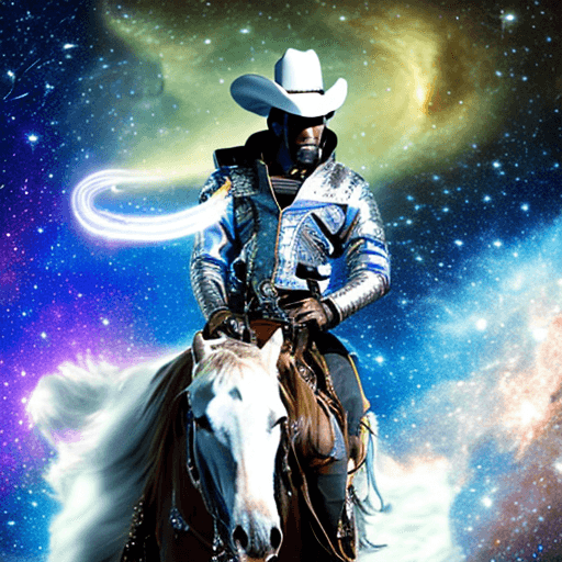 AI generated: A fearless space  serious face as a cowboy riding a sleek  white horse through a cosmic nebula, a tr...