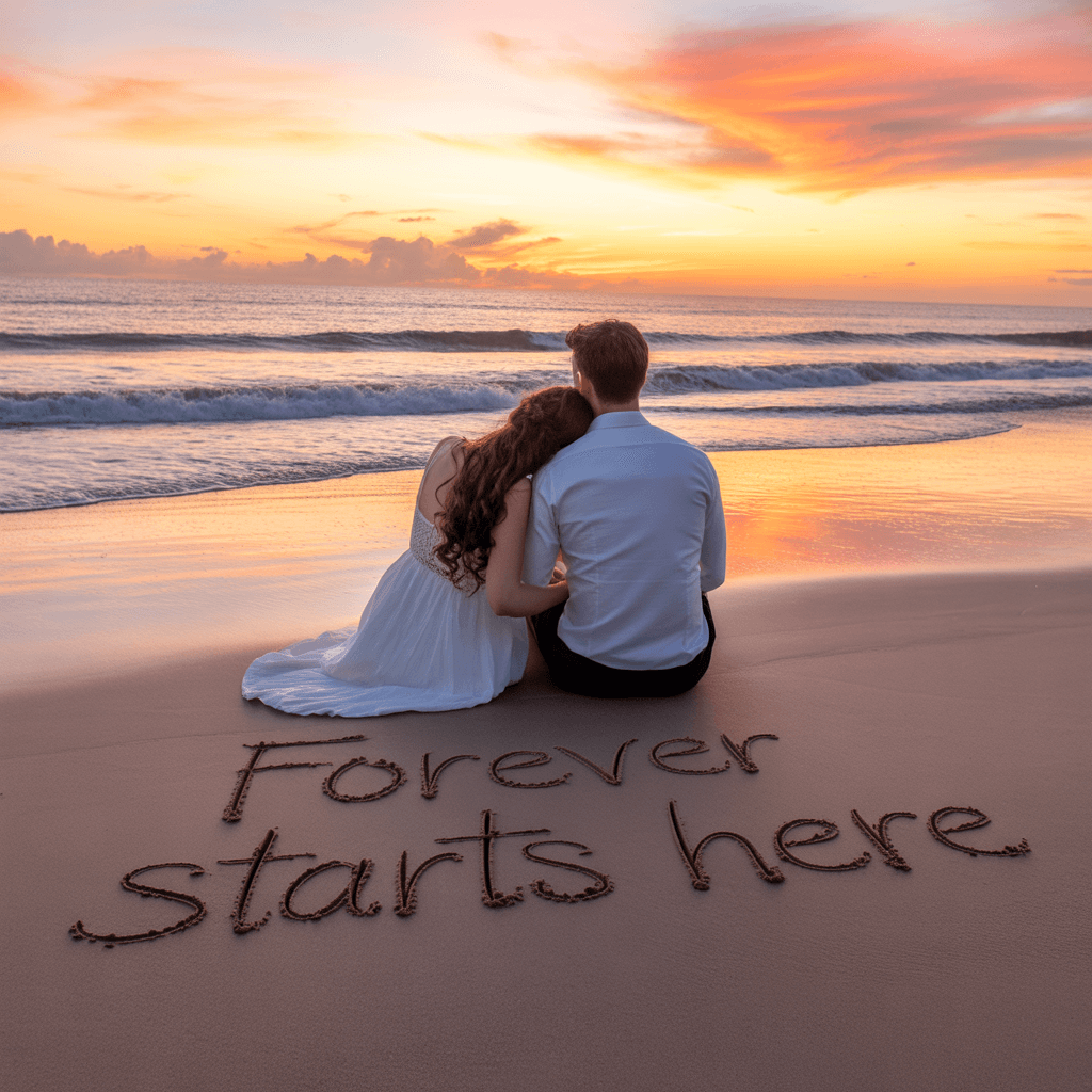 AI generated: A couple seated by the beach watching the sunset,the cool breeze swooshing away 