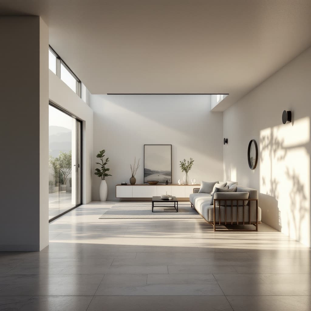 AI generated: Image a ultra realistic minimalist residential bungalow villa, soft interior light, indirect sunligh...