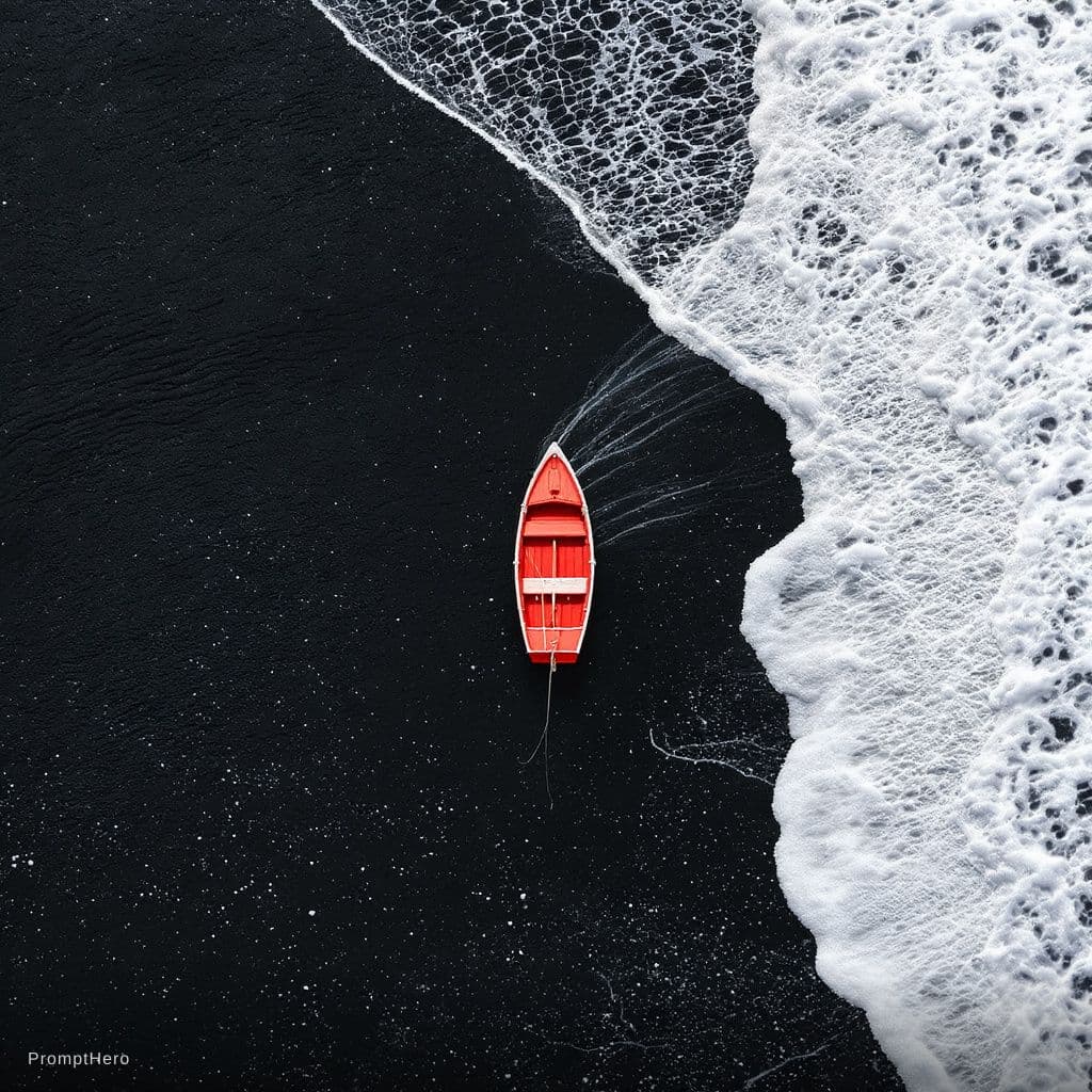 AI generated: small, red wooden boat rests on a dark, volcanic beach.  The boat is centered in the image, position...