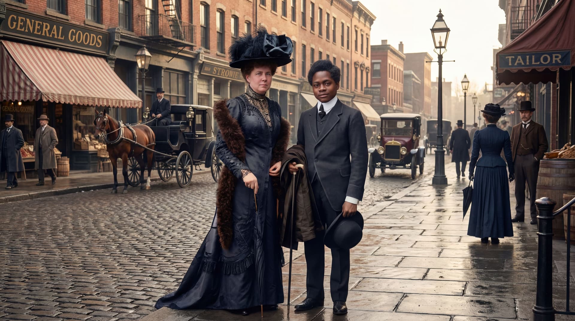 AI generated: create hyper realistic photo. change background to old vintage street  1900s