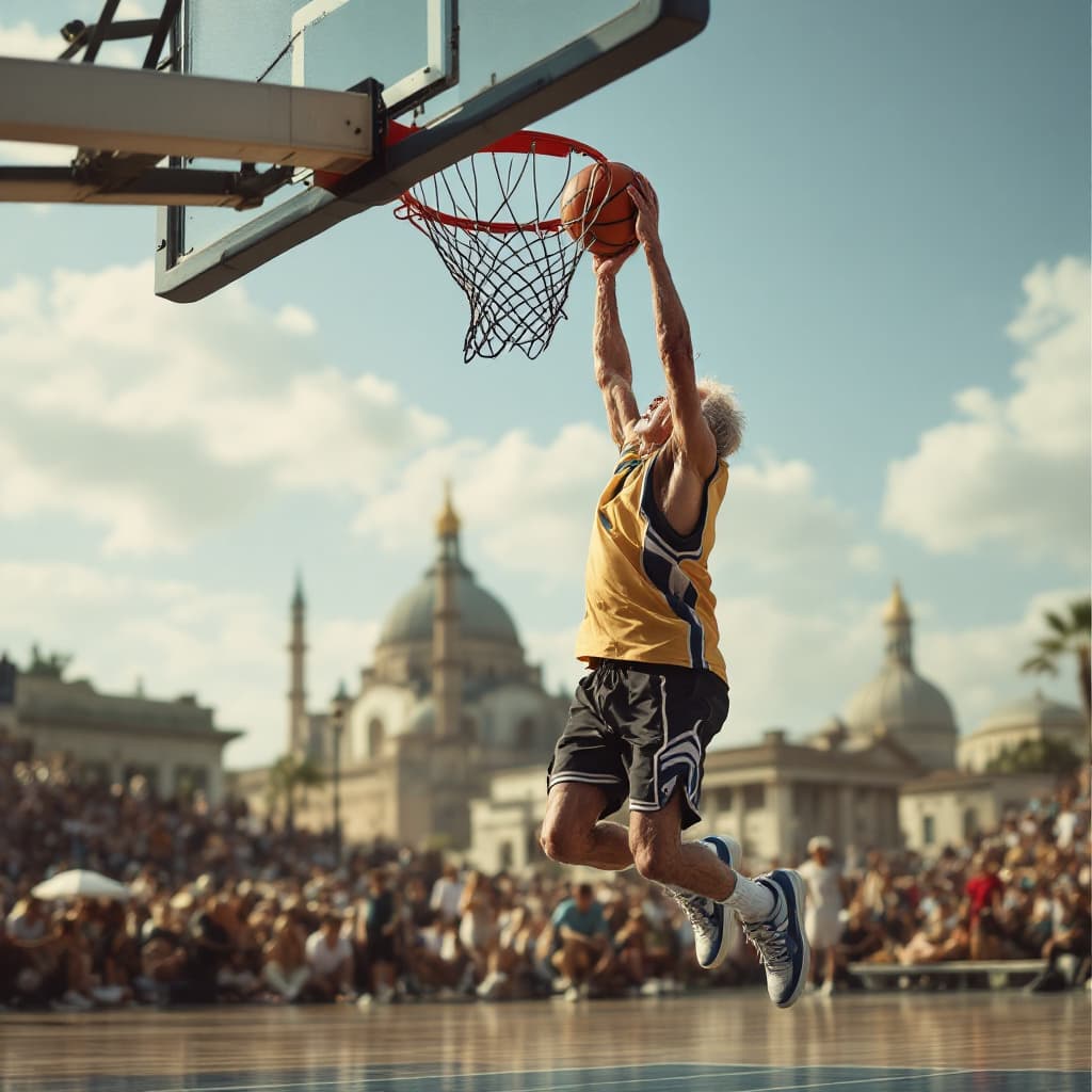 AI generated: the oldest person in the world hitting the best slam dunk ever
