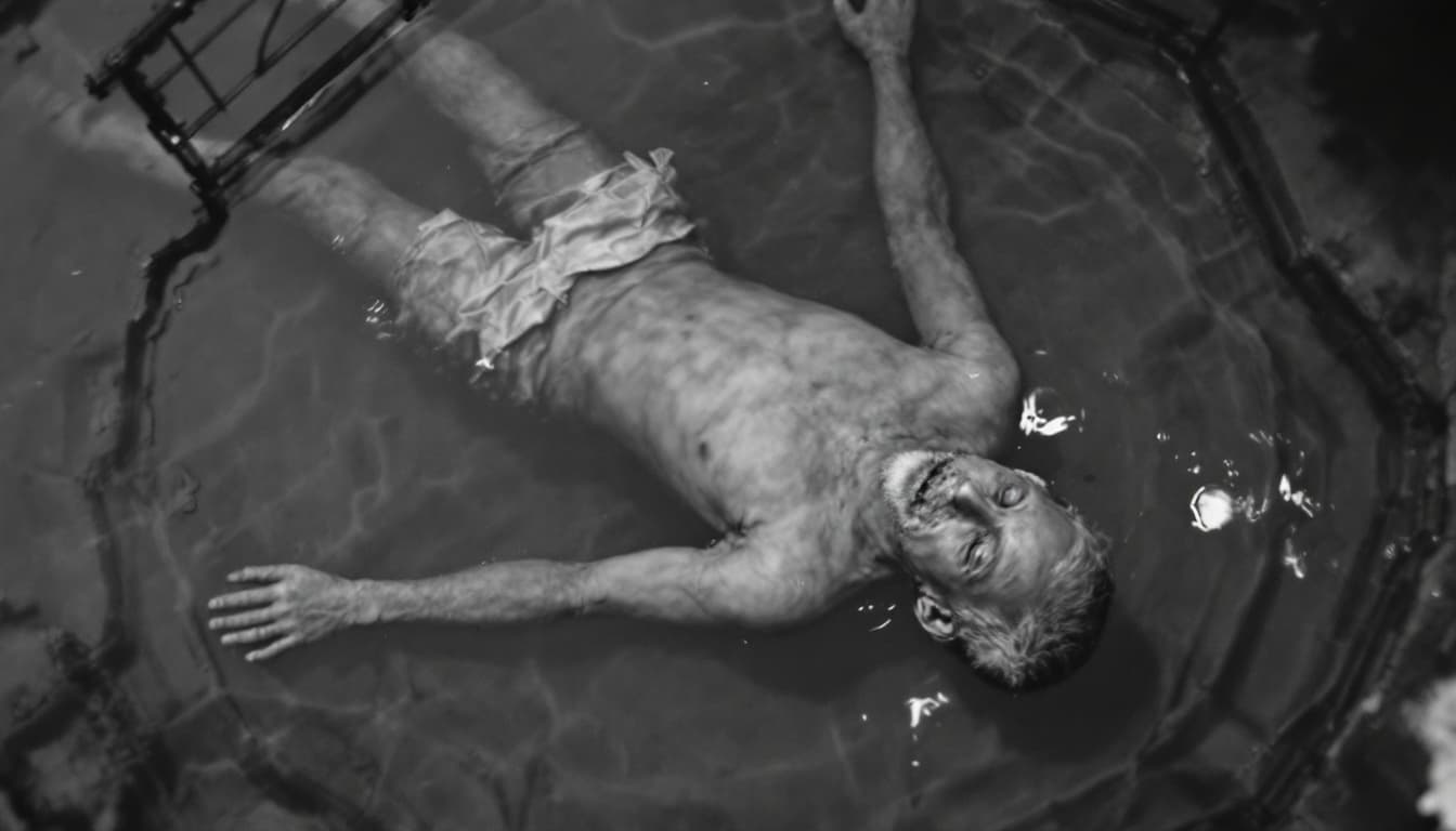 AI generated:  high definition black n white - camera shot from top - an old man lying  horizontally in a well - s...