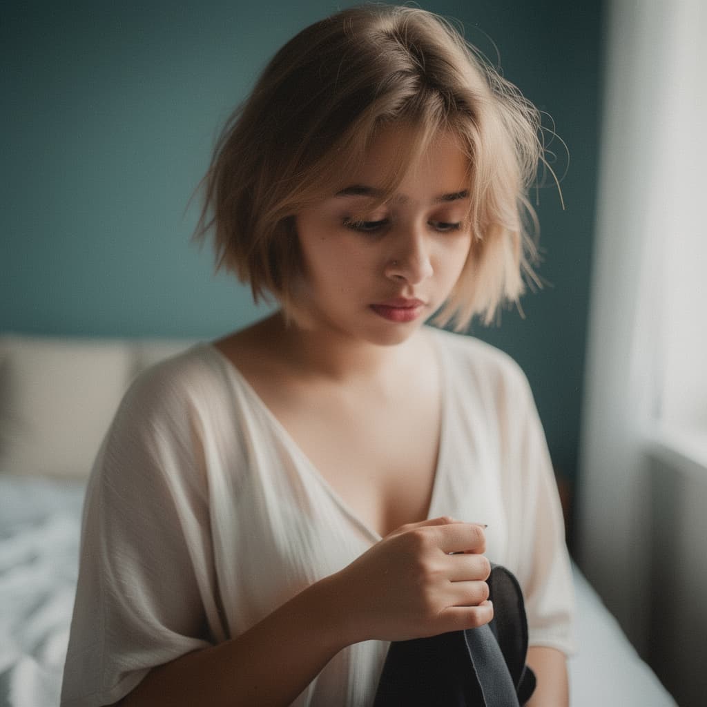 AI generated: "A highly realistic, cinematic medium shot of a young woman with a short, messy light-brown bob hair...