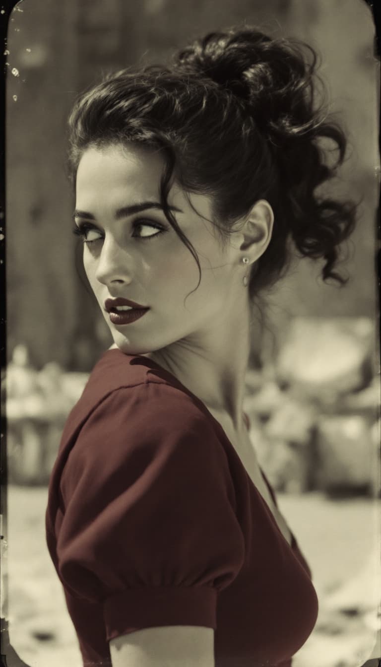 AI generated: 1940's, Polarized photo , Jennifer Connelly,ponytail hairstyle, feeling.