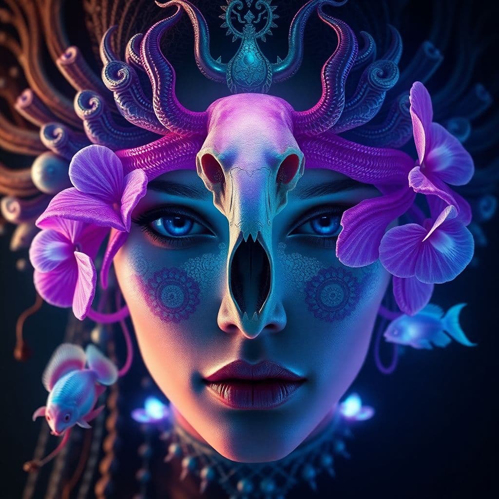 AI generated: Goddess close-up portrait ribcagel. jellyfish phoenix head, nautilus, orchid, skull, betta fish, bio...