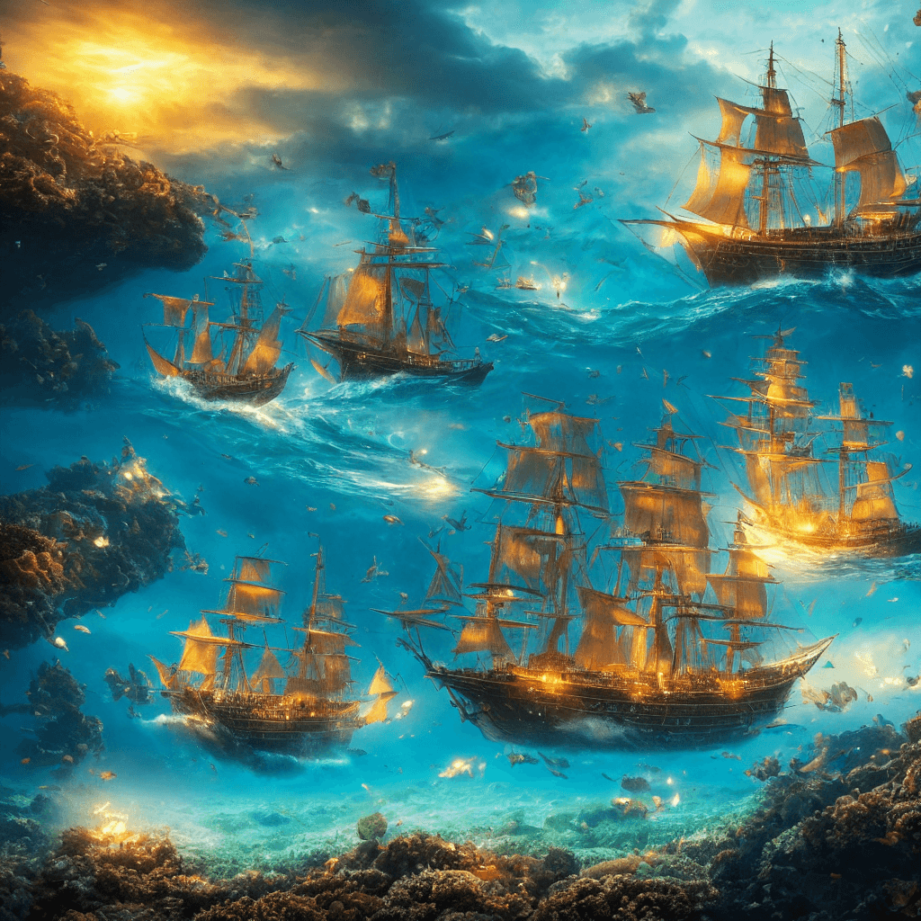 AI generated: (best quality, masterpiece:1. 2), underwater, ((sailing ship)), close up, zoom in, absurdes, waves, ...
