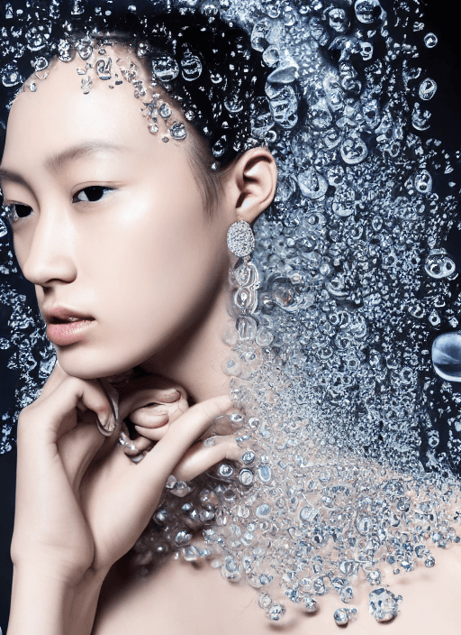 AI generated: Fashion photography jewelry,  style Alexander Mcqueen model, she is wearing same earrings made of dr...