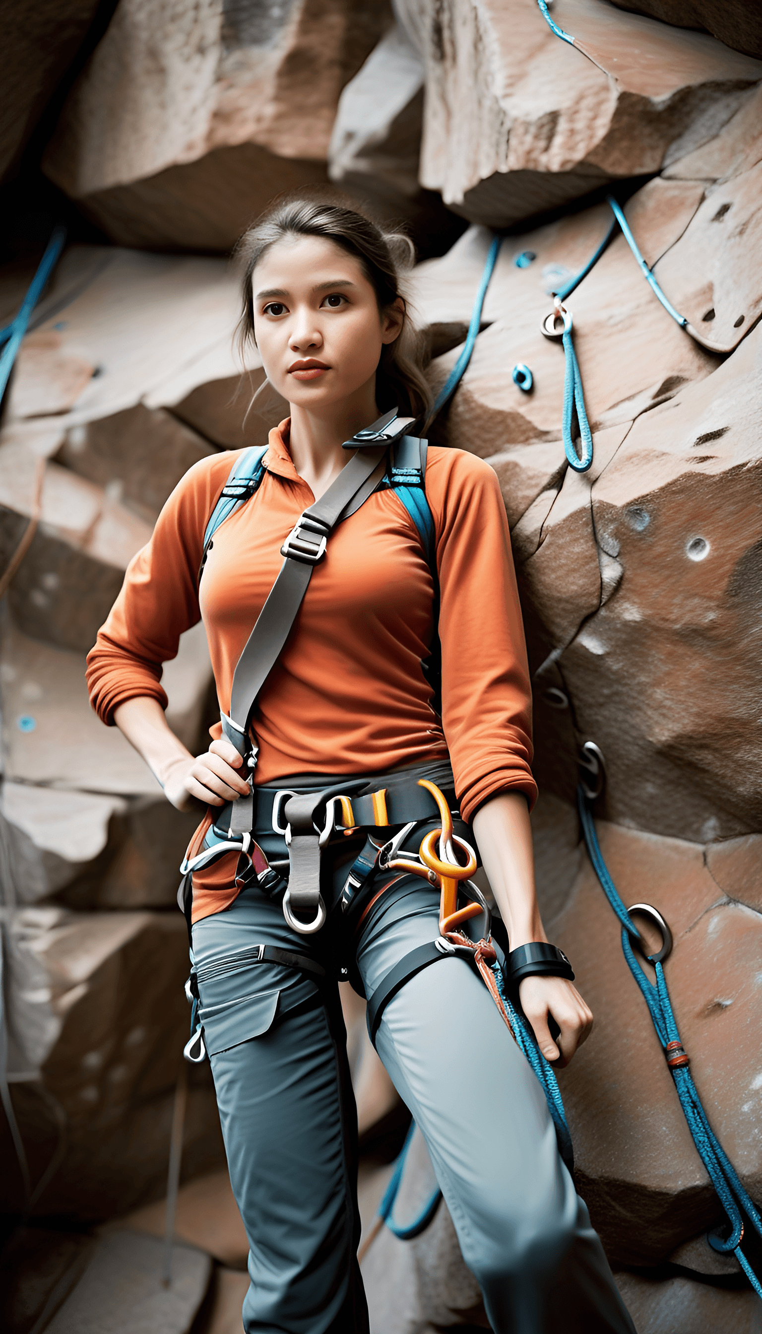 AI generated: Craft a hyper-realistic image of a woman rock climbing, captured from a top-down perspective that ac...