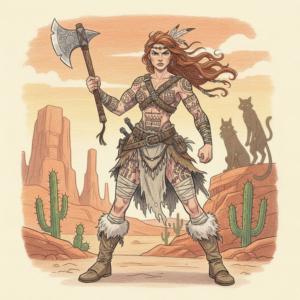 AI generated: Full body shot of young beautiful European female barbarian woman warrior, muscular, belts and loinc...
