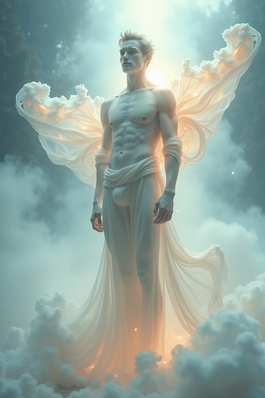 AI generated: ethereal full-body portrait of a divine surreal male figure, standing in a dreamlike abstract space,...