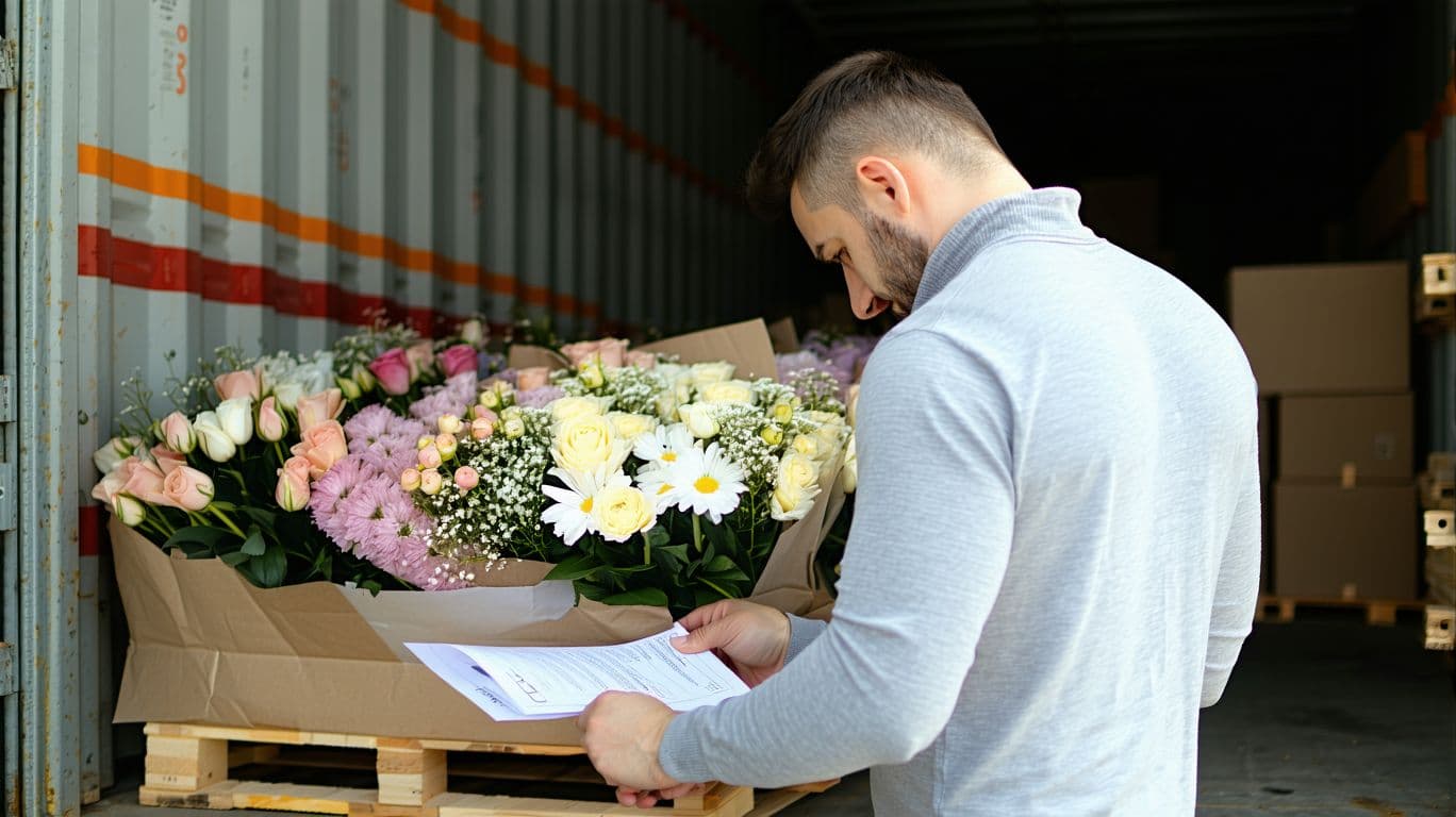AI generated: high resolution photo of a man in a a warehouse inspect a pallet of flowers ready to be shipped. the...