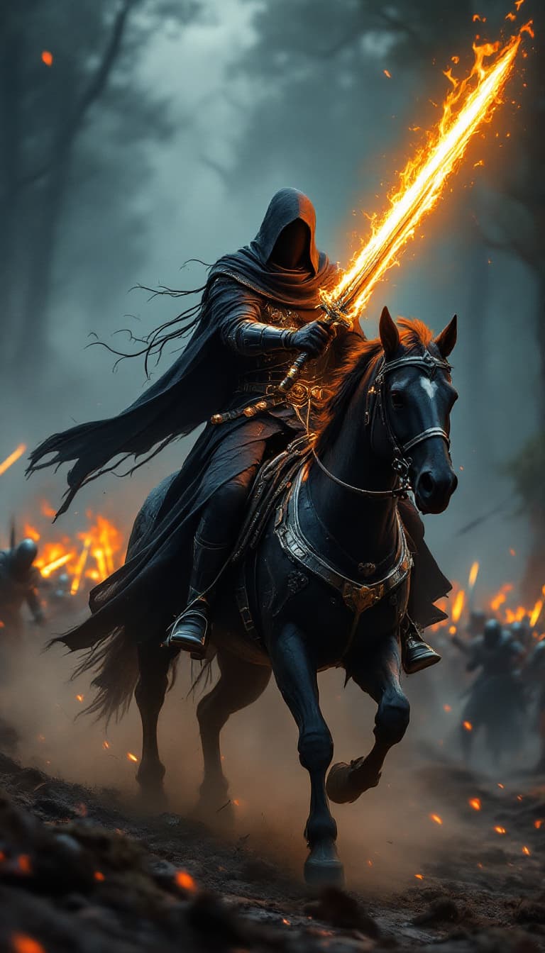 AI generated: In a breathtaking 8K wallpaper, a stunning medieval black wooded rebel knight cybernetic mage with c...