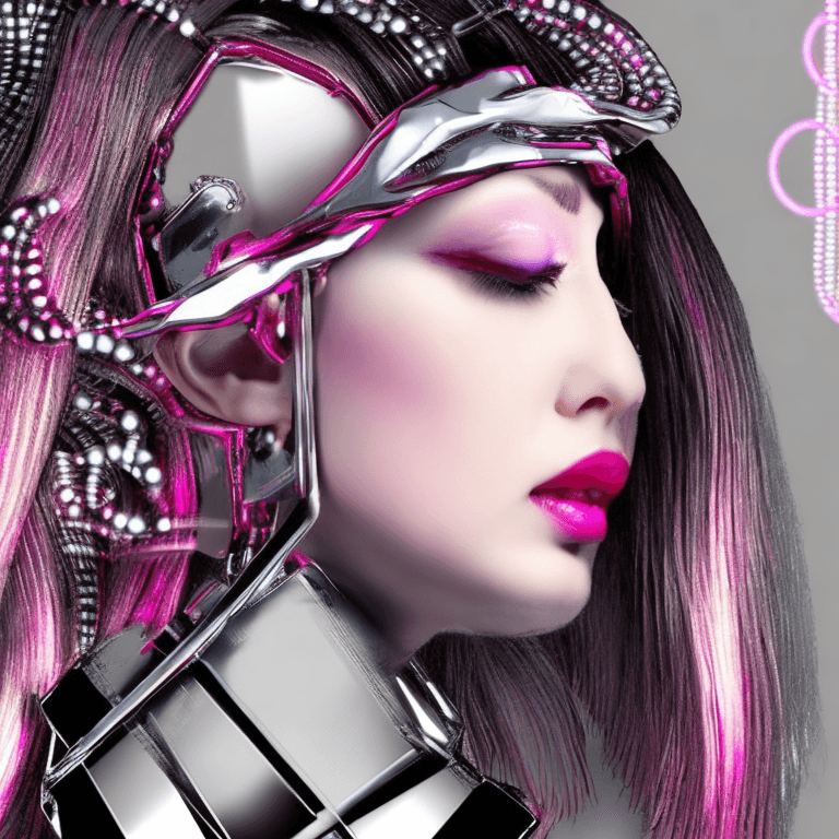 AI generated: cyber punk, graphic design, pink electronic, girl's face, side view, pretty and cute, silver shiny n...