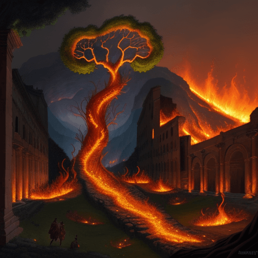 AI generated: A giant vine, surrounded by fire in an ancient roman city in fantasy art