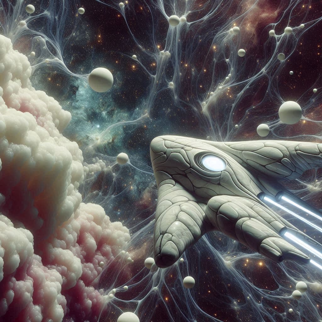 AI generated: Big in the foreground is a fluidic bionic spaceship made of marble. The universe is a barely visible...