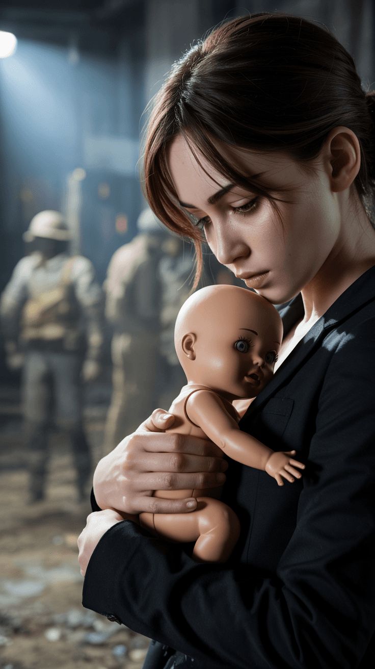 AI generated: 



"Ultrarealistic and dramatic scene: An anime woman with a haunting, depressive expression cradle...