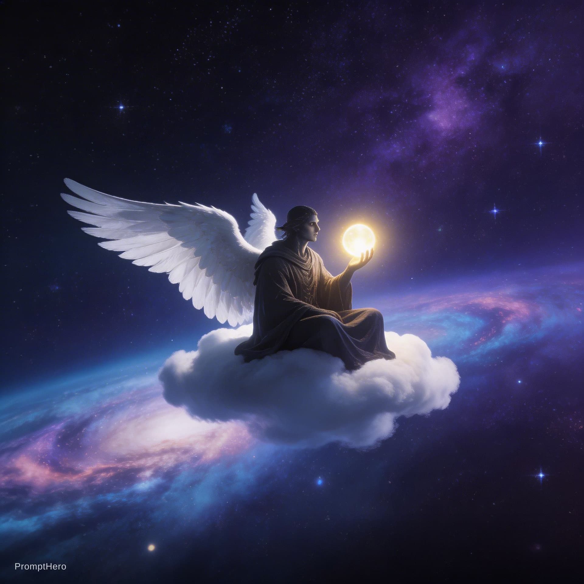 AI generated: The image depicts an impressive, fantastical scene in outer space. At the center is a creature with ...