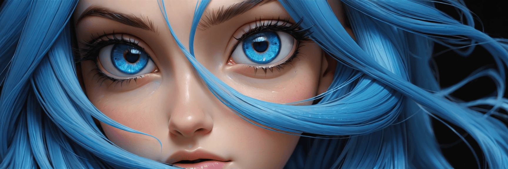 AI generated: two blue eyes on a black background, seen up close, focus on the eyes, surrounded by long bright blu...