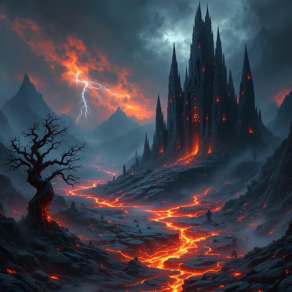 AI generated: A dark and infernal landscape where powerful villainous beings reside. The scene is dominated by a t...