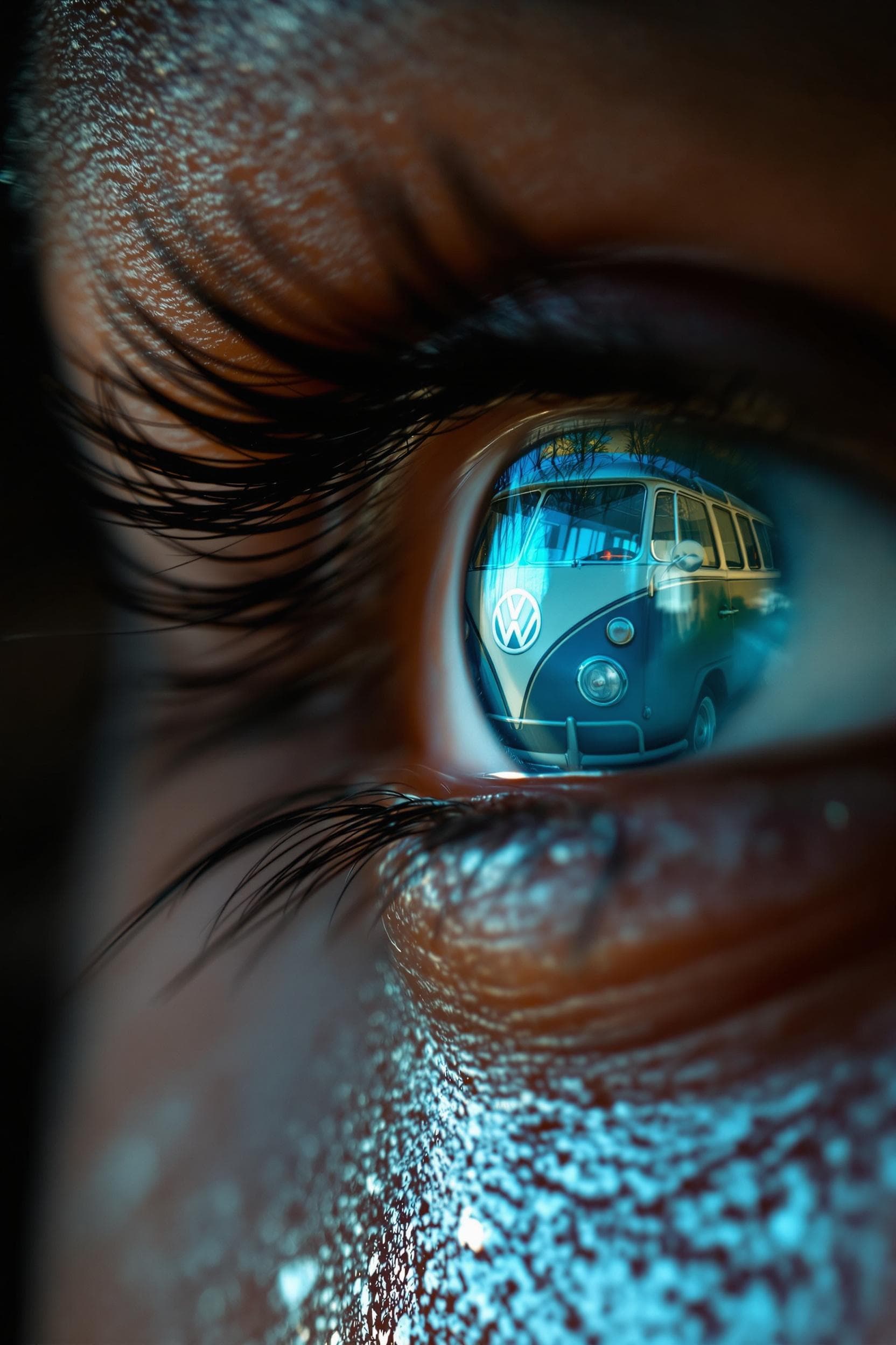 AI generated: a photo realistic close up photo of a beautiful Brazilian dark hared woman's  eye reflecting a class...