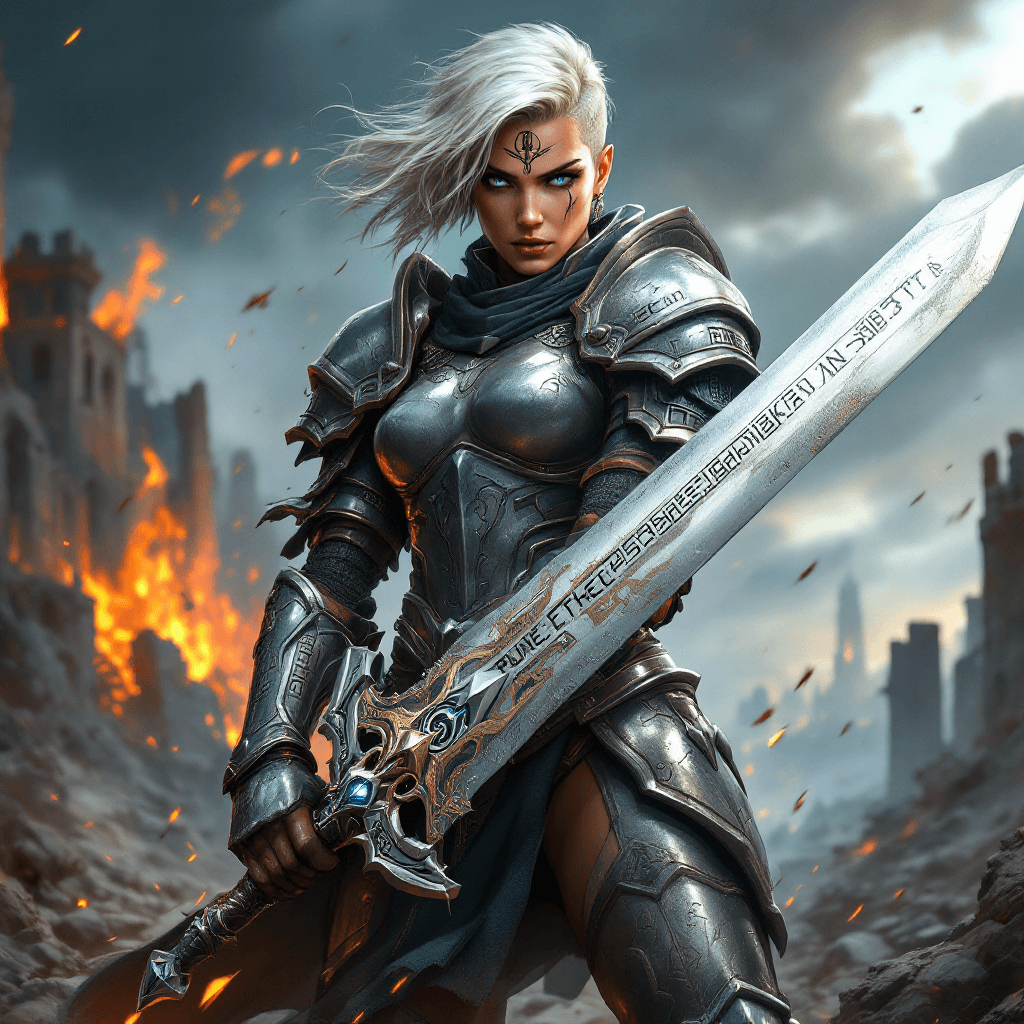 AI generated: The Rune-Etched Crusader: A formidable warrior with short, platinum blonde hair, adorned with runic ...