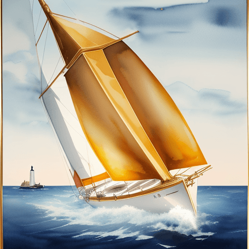 AI generated: Zoltan Szabo Watercolor, sailboat and lighthouse, shiny gold metallic, wet on wet