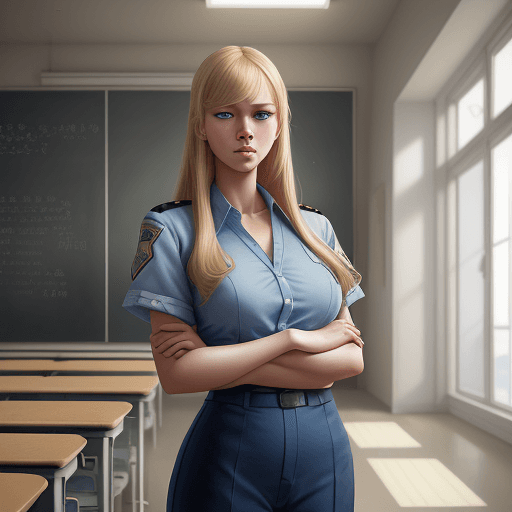 AI generated: a girl with blond hair and blue eyes standing in a school, a detailed painting by WLOP, featured on ...