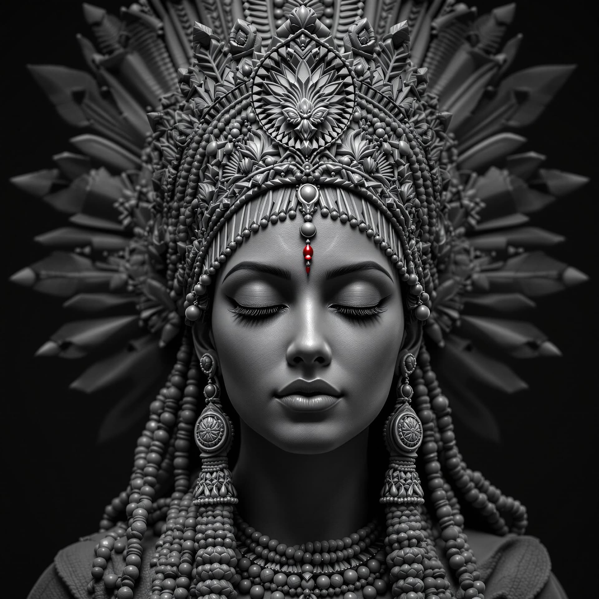 AI generated: a black and white sculpture of Indian woman with an elaborate crown, in the style of hyper-realistic...