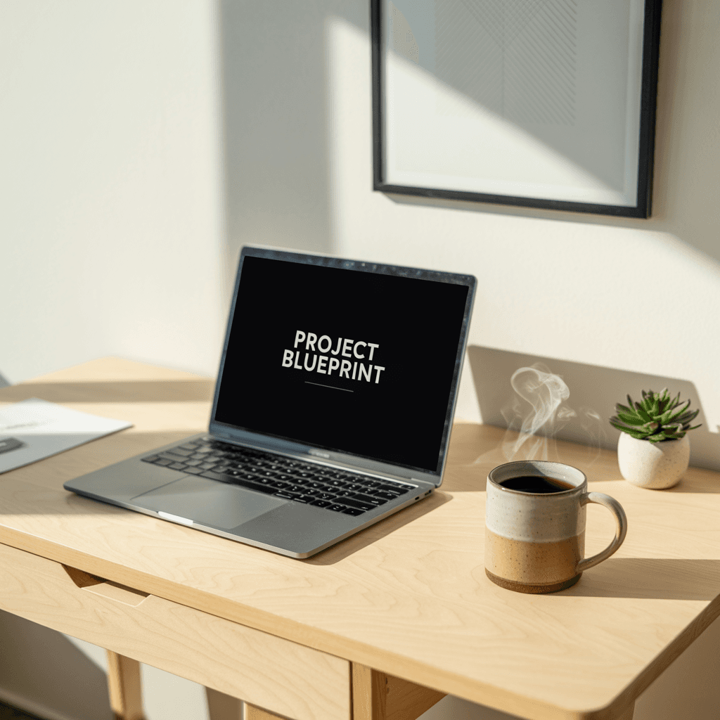 AI generated: A minimalist study desk with a laptop and coffee.
