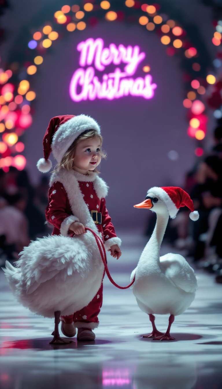 AI generated: A baby girl dressed in santa claus pajamas leads a pet manga swan on a leash while walking at a Merr...