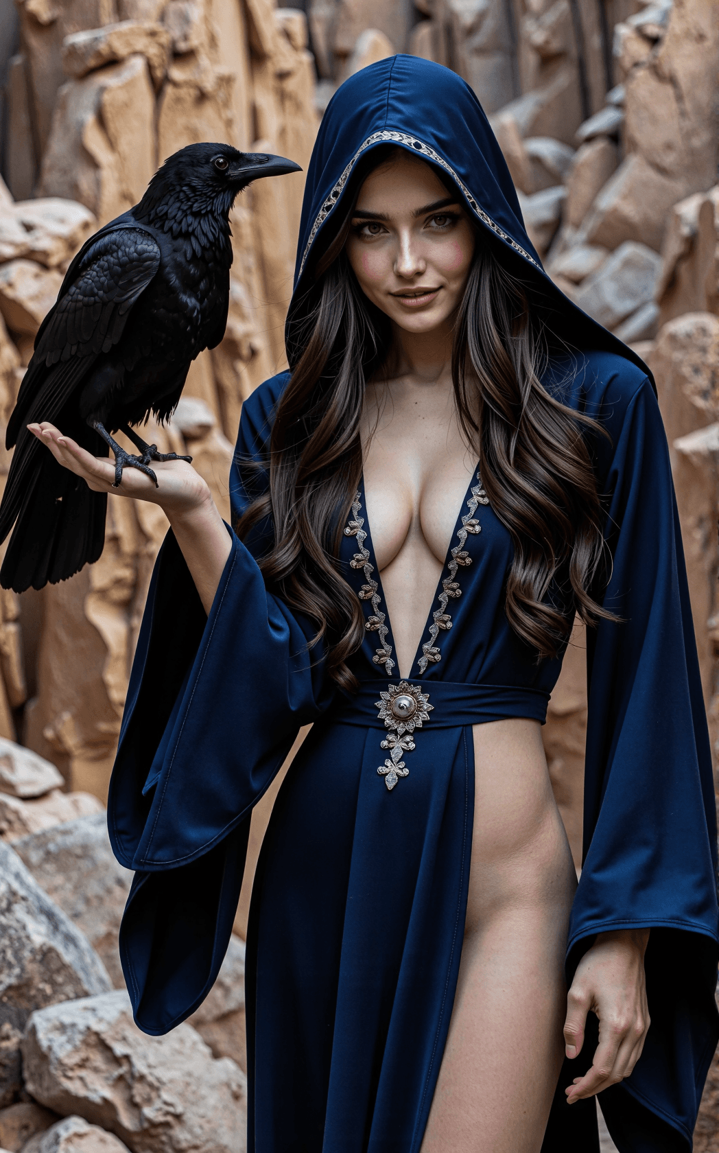 AI generated: A striking young sorceress with pale skin and long, glossy black hair styled in loose waves frames h...