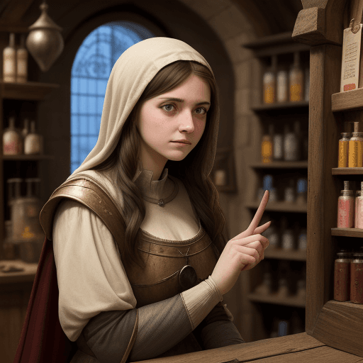 AI generated: young adult woman, sad and friendly, in a medieval alchimist's shop