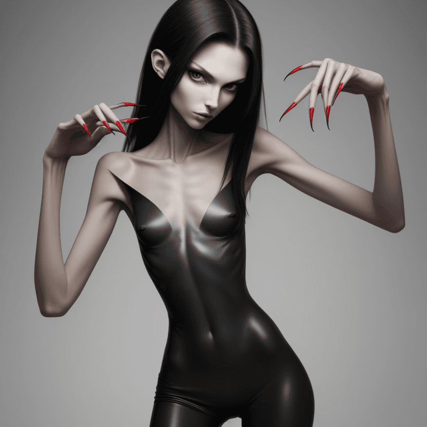 AI generated: photo of face an extremely skinny, flat-chested models with long black curved fingernails, claws,