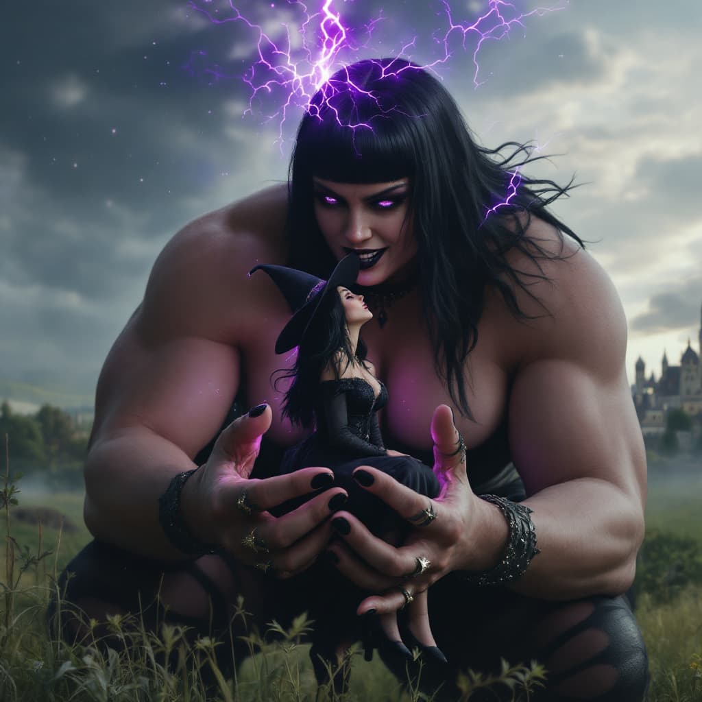 AI generated: enormous giantess female who looks like WWE superstar 
 Rhea Ripley with black medium length hair an...