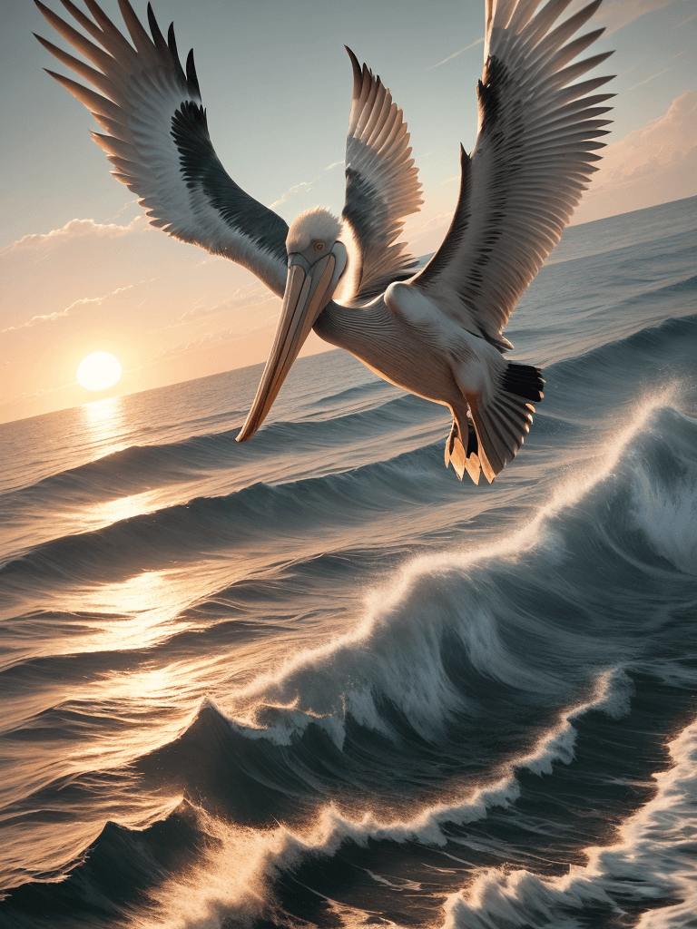 AI generated: Photo of a ultra realistic pelican flying over sea, dramatic light, pale sunrise, cinematic lighting...