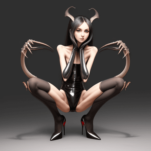 AI generated: very slim girl, with long curved claws, with skinny legs and long skinny calves in high heels and sq...