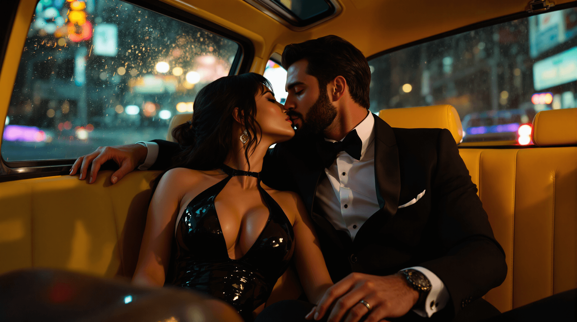 AI generated: Interior of a yellow cab at night. A Caucasian couple (Lilith and Jon) in the back seat. Lilith (plu...