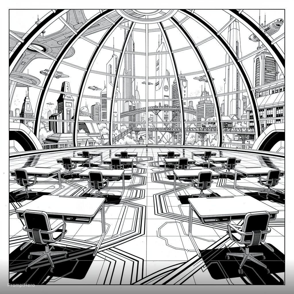 AI generated: Comic book background art, black and white ink drawing. Interior of a massive transparent dome class...