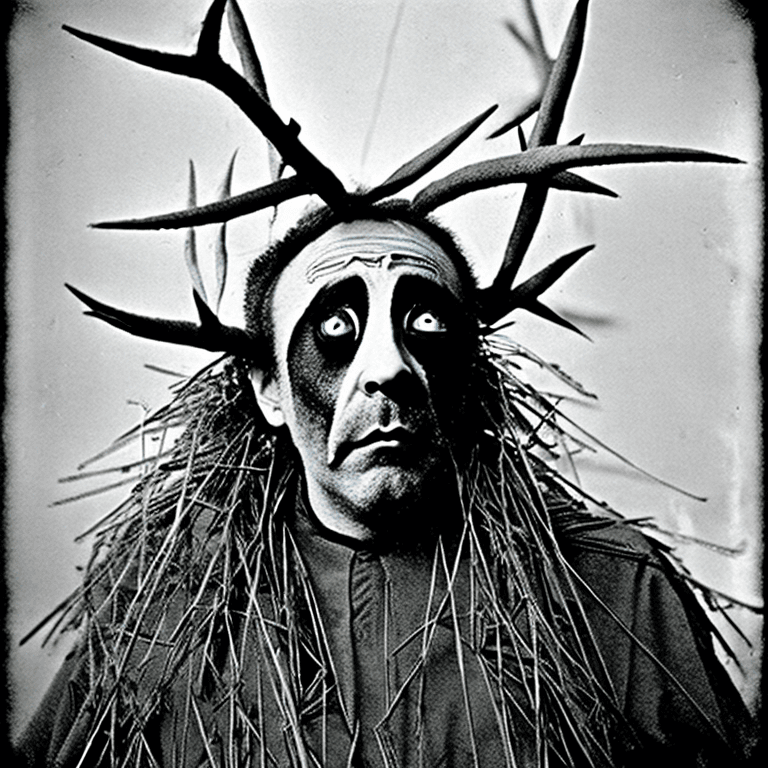 AI generated: buck bunny style Tim Burton, close-up frightening portrait of a encased in a living suit of thorns, ...