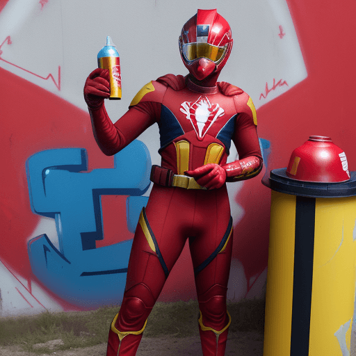 AI generated: JOHN BOYEGA IN A RED SPANDEX SUIT, WITH YELLOW GLOVES AND BOOTS ,  AND RED RANGER HELMET CAP HOLDING...